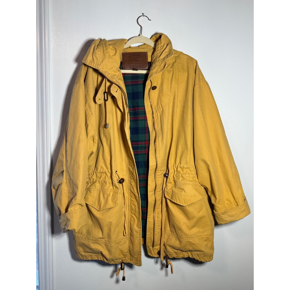 Vintage Jeans by Express Mustard Yellow Plaid Lined Hooded Field Jacket Large
